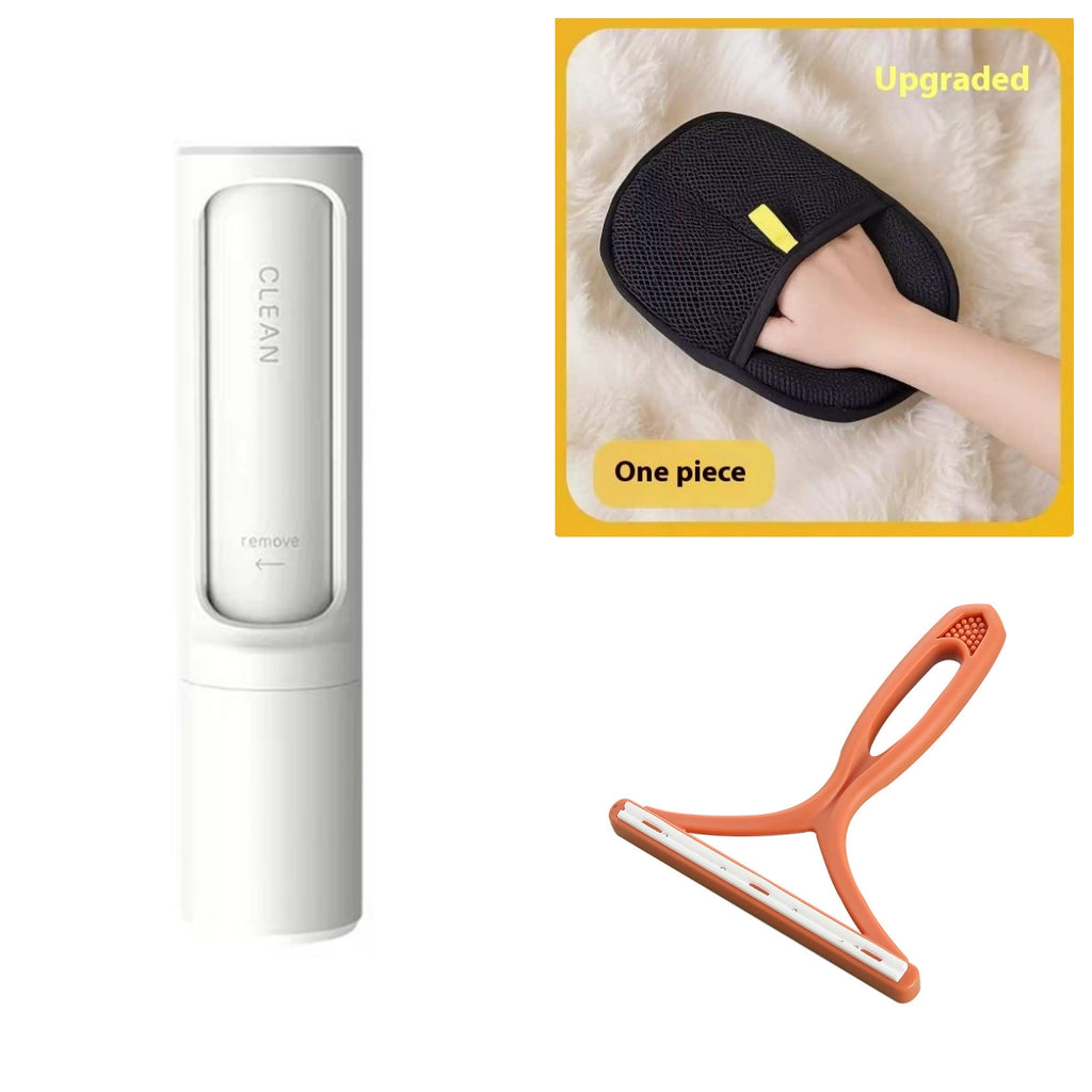 Pet hair remover roller with cleaning brush accessory